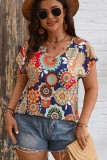 Plus Size V neck Print Loose Fit Short Sleeve Tops