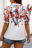 Plus Size Floral Print Ruched Bubble Sleeve V Neck Shirt