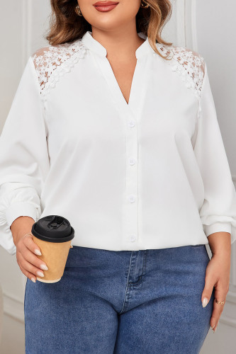 Plus Size White V-Neck Lace Lantern Sleeve Shirt