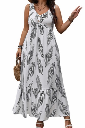 Plus Size V neck Leaf Print Sleeveless Maxi Dress