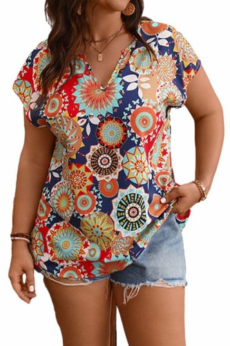 Plus Size V neck Print Loose Fit Short Sleeve Tops