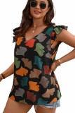 Plus Size Lotus Sleeve V neck Leaf Print Tops