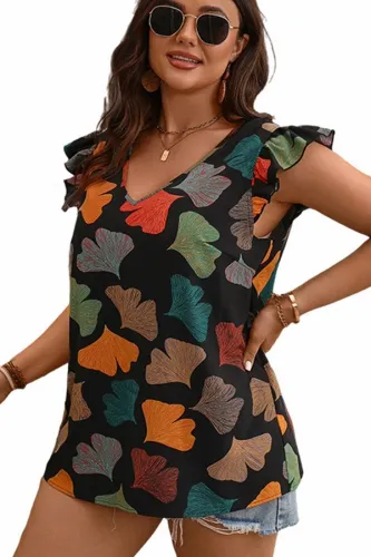 Plus Size Lotus Sleeve V neck Leaf Print Tops