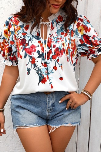 Plus Size Floral Print Ruched Bubble Sleeve V Neck Shirt