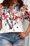 Plus Size Floral Print Ruched Bubble Sleeve V Neck Shirt