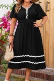 Plus Size V neck Black Fly Sleeve Midi Dress
