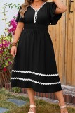Plus Size V neck Black Fly Sleeve Midi Dress