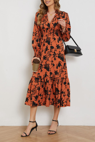 V-Neck Long Sleeved High Waisted Floral Dress