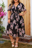 V-Neck Floral Lotus Leaf Sleeves Dress