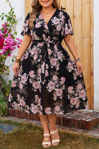 V-Neck Floral Lotus Leaf Sleeves Dress