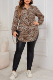 Polo Collar Leopard Print Loose Long Sleeved Shirt