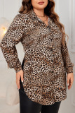 Polo Collar Leopard Print Loose Long Sleeved Shirt