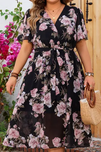 V-Neck Floral Lotus Leaf Sleeves Dress