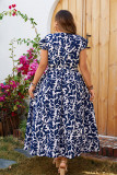 V-Neck Short Sleeved Blue Printed Dress