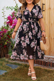 V-Neck Floral Lotus Leaf Sleeves Dress