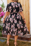 V-Neck Floral Lotus Leaf Sleeves Dress