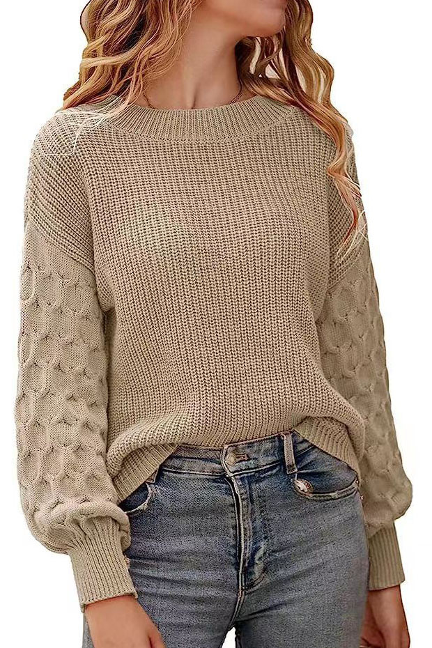 Lantern Sleeve Round Neck Knitted Sweater