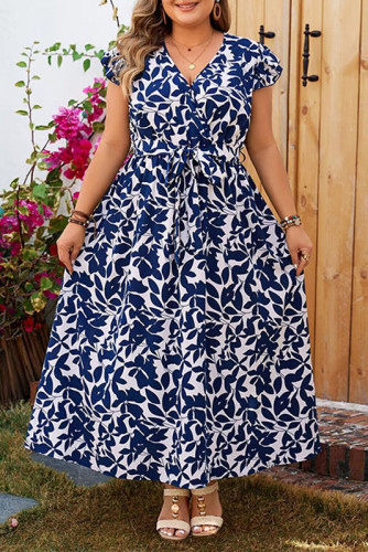 V-Neck Short Sleeved Blue Printed Dress