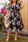 V-Neck Floral Lotus Leaf Sleeves Dress