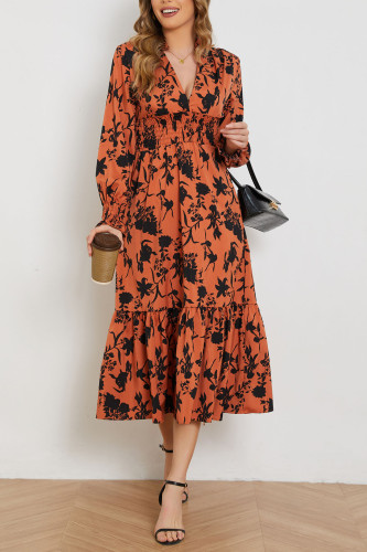 V-Neck Long Sleeved High Waisted Floral Dress