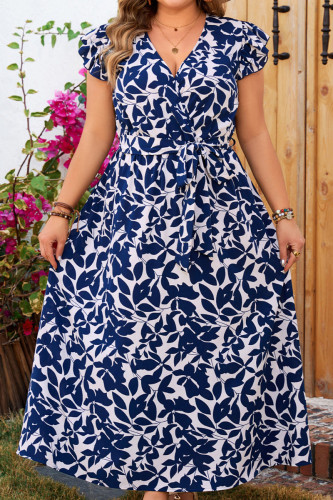 V-Neck Short Sleeved Blue Printed Dress