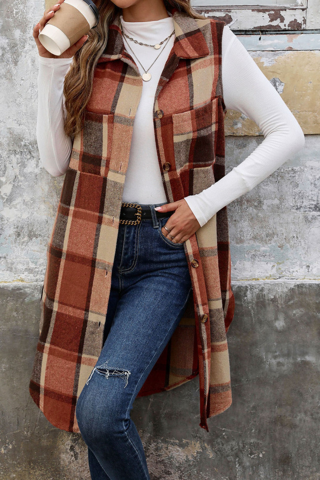 Sleeveless Lapel Cardigan Checkered Vest