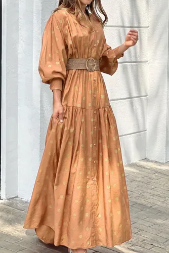 Polka Dot Printed Lantern Sleeve Dress