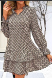 Printed V-Neck Lace Up Loose Long Sleeved Dress