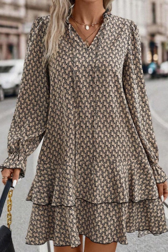 Printed V-Neck Lace Up Loose Long Sleeved Dress