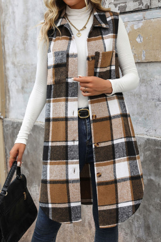 Lapel Long Plaid Sleeveless Jacket Vest