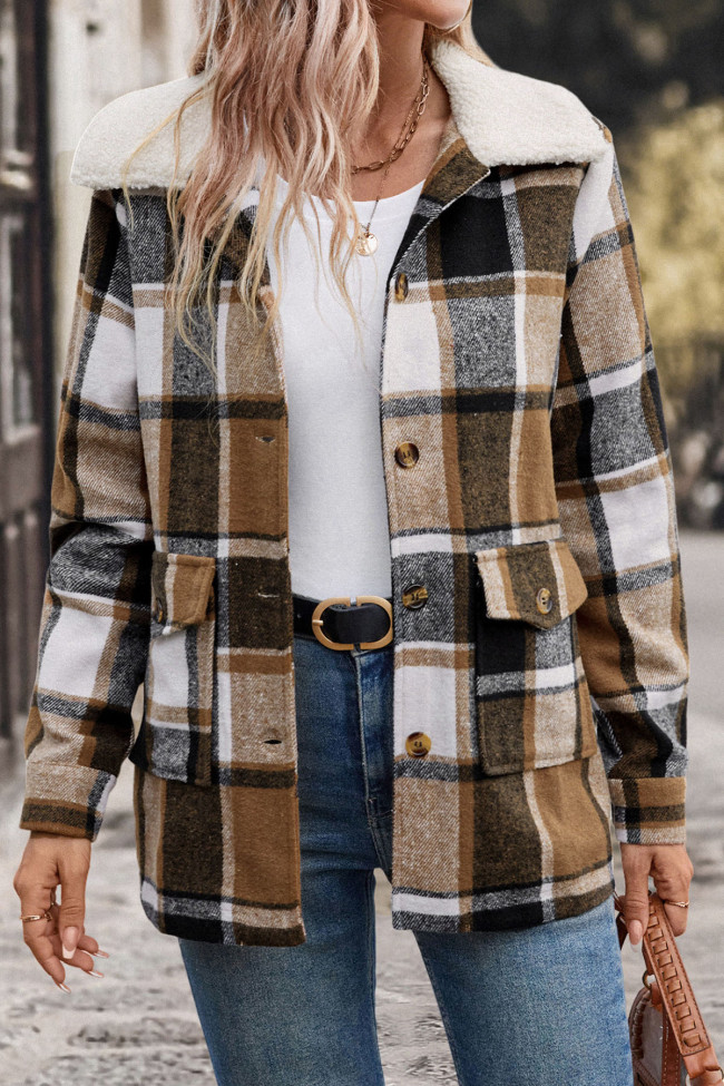 Fashionable Collar Plaid Long Sleeved Jacket