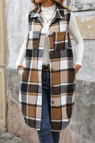 Lapel Long Plaid Sleeveless Jacket Vest