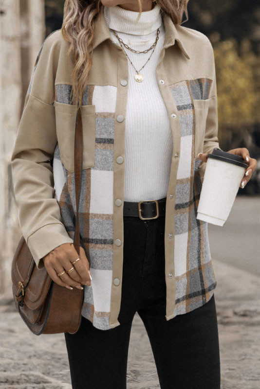 Versatile Collar Plaid Long Sleeved Jacket