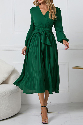 Pleated V-Neck Long Sleeved Dress