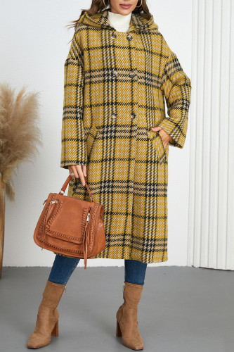 Lapel Hooded Checkered Long Sleeve Jacket