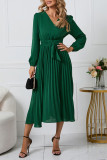 Pleated V-Neck Long Sleeved Dress