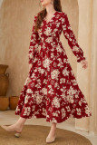 V-Neck Flower Print Long Sleeved Dress