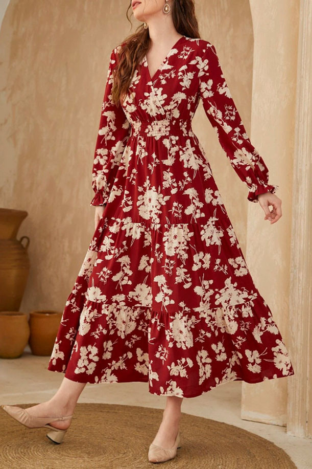 V-Neck Flower Print Long Sleeved Dress