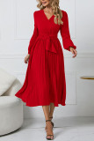Pleated V-Neck Long Sleeved Dress