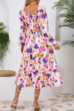Flower Print Square Neck Long Sleeve Dress