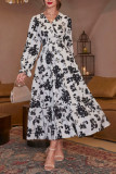 V-Neck Flower Print Long Sleeved Dress