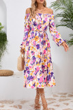 Flower Print Square Neck Long Sleeve Dress