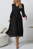 Pleated V-Neck Long Sleeved Dress