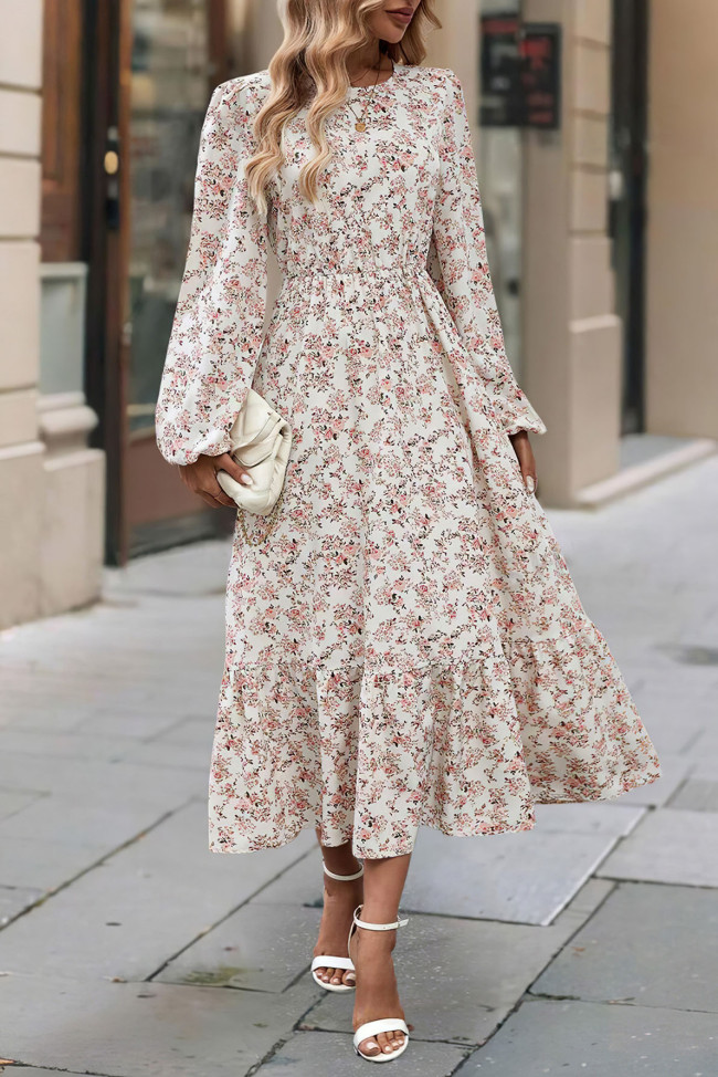 Round Neck Long Sleeved Ruffle Edge Dress