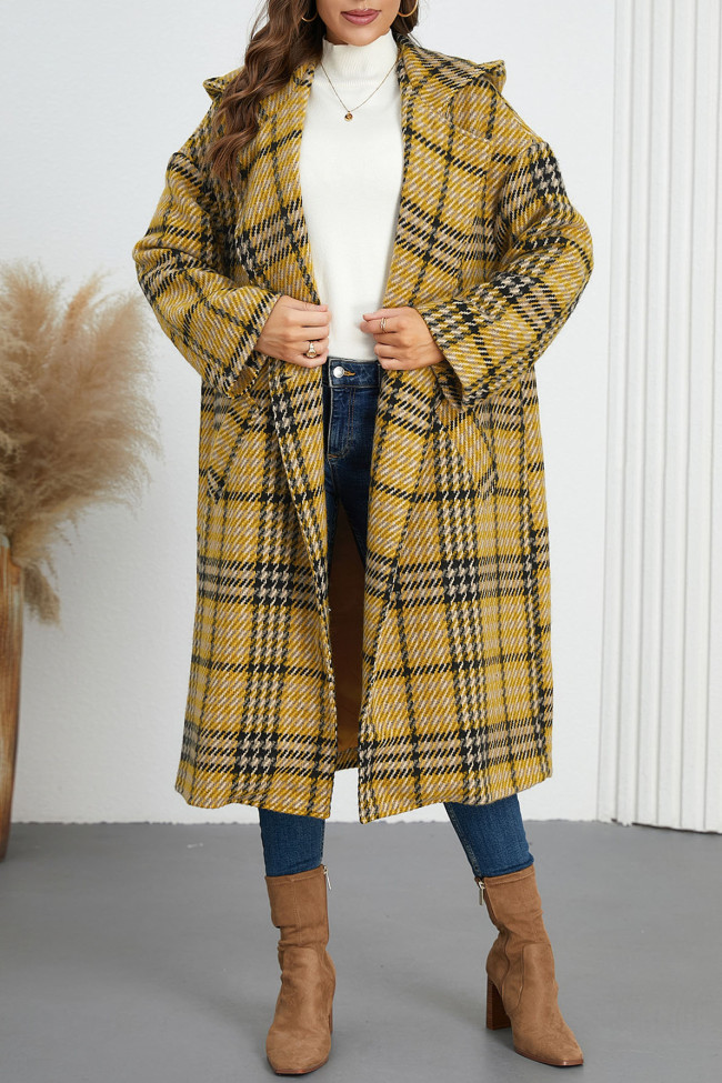 Lapel Hooded Checkered Long Sleeve Jacket