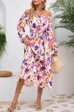 Flower Print Square Neck Long Sleeve Dress