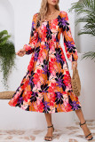 Flower Print Square Neck Long Sleeve Dress