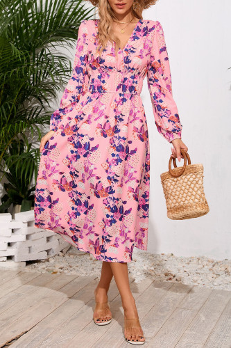 Printed High Waisted Long Sleeved Dress