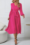 Pleated V-Neck Long Sleeved Dress