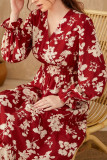 V-Neck Flower Print Long Sleeved Dress